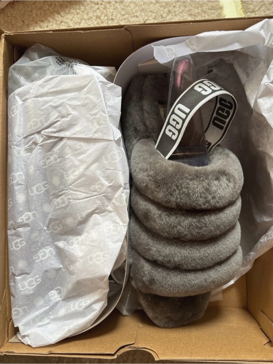 UGG Shoes - UGG Gray Plush Shearling Slide with Branded Elastic Strap